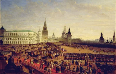 Militärparade während der Krönung von Alexander II. im Moskauer Kreml am 18. Februar 1855, 1856
